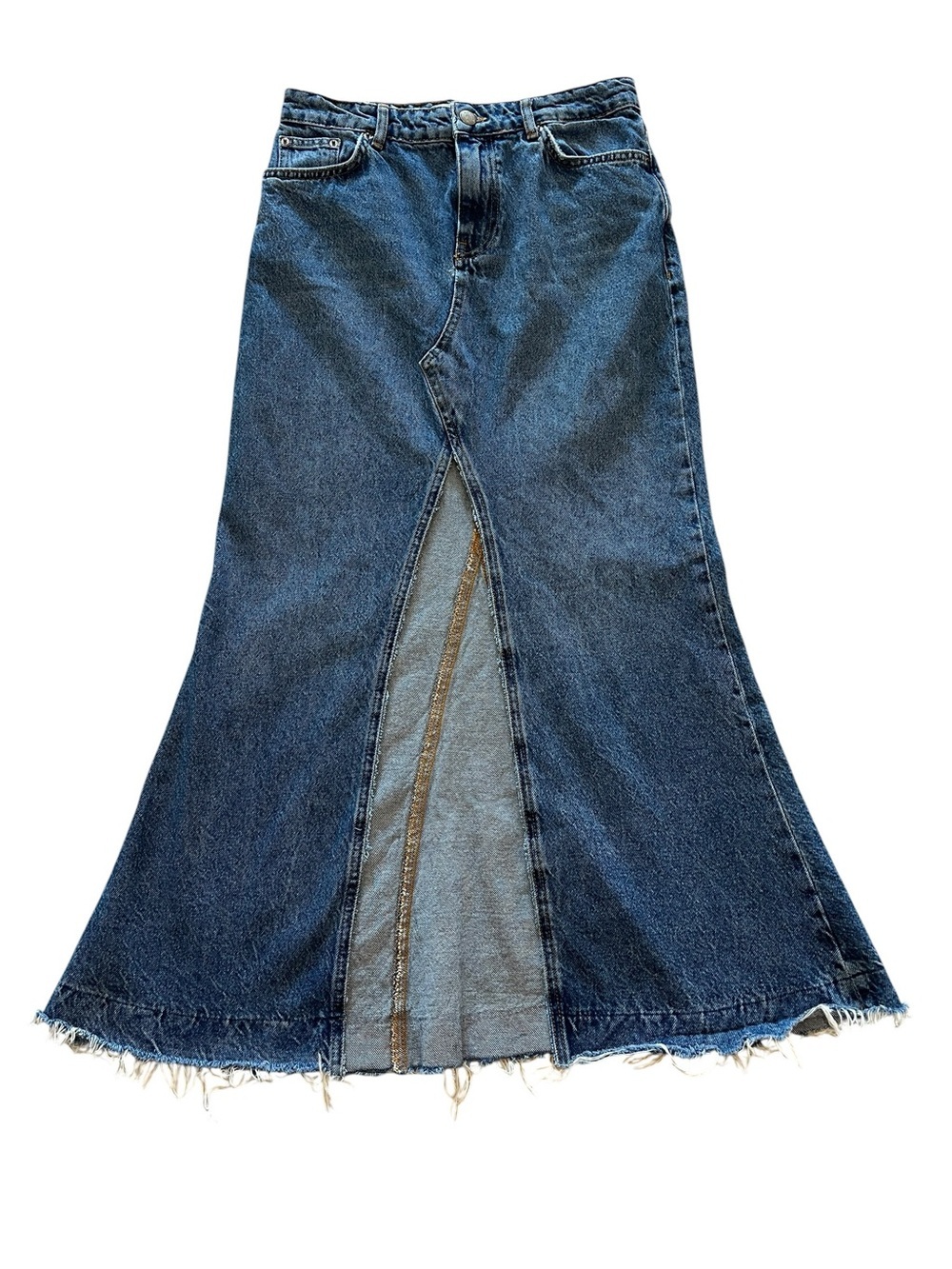 Zara Dark Blue Denim Western Boho Casual Maxi Skirt with Open Front Slit- S
